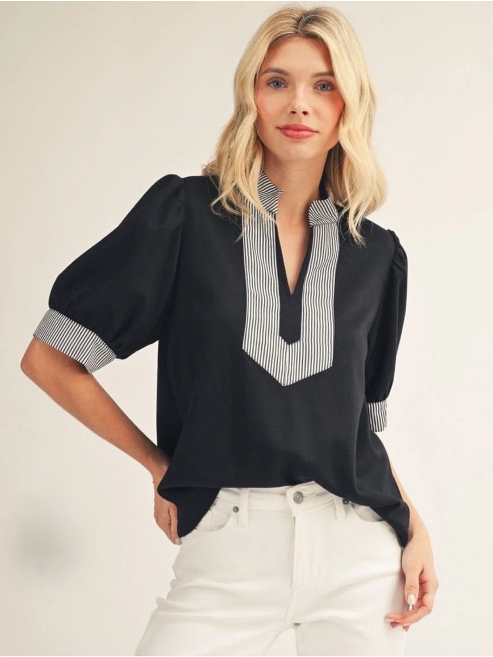 JODIFL Black Puff Sleeve Top with Striped Placket